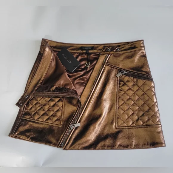 AS by DF NWT Leather  Bronze Mini Skirt 15" Zip Closure W/2 Snaps Size Small - Picture 2 of 10